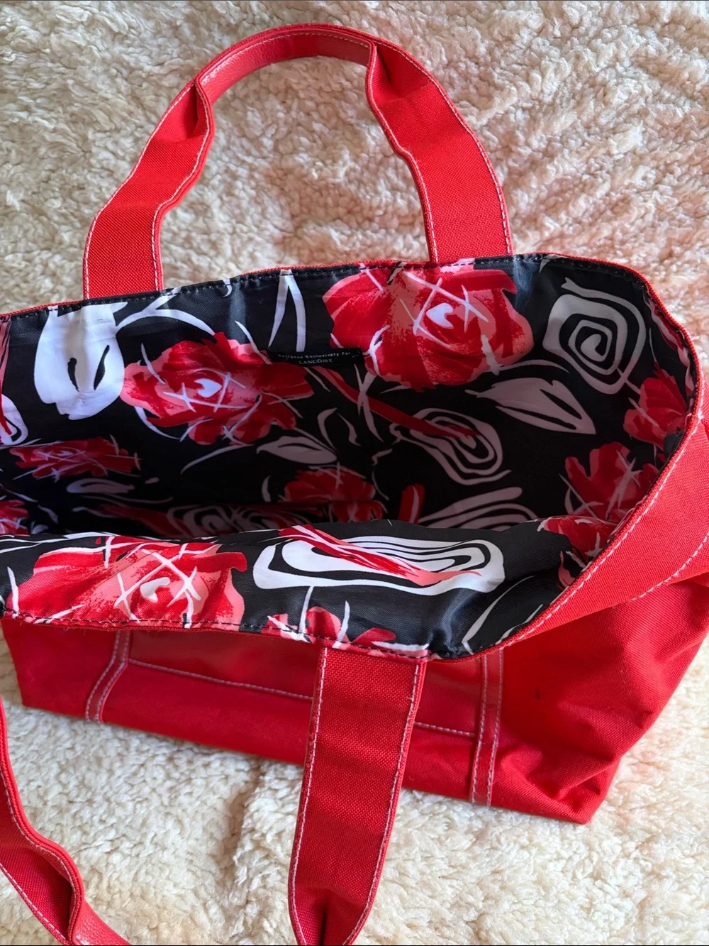 Lancome Bright Red Canvas Tote with Front Patch Pocket